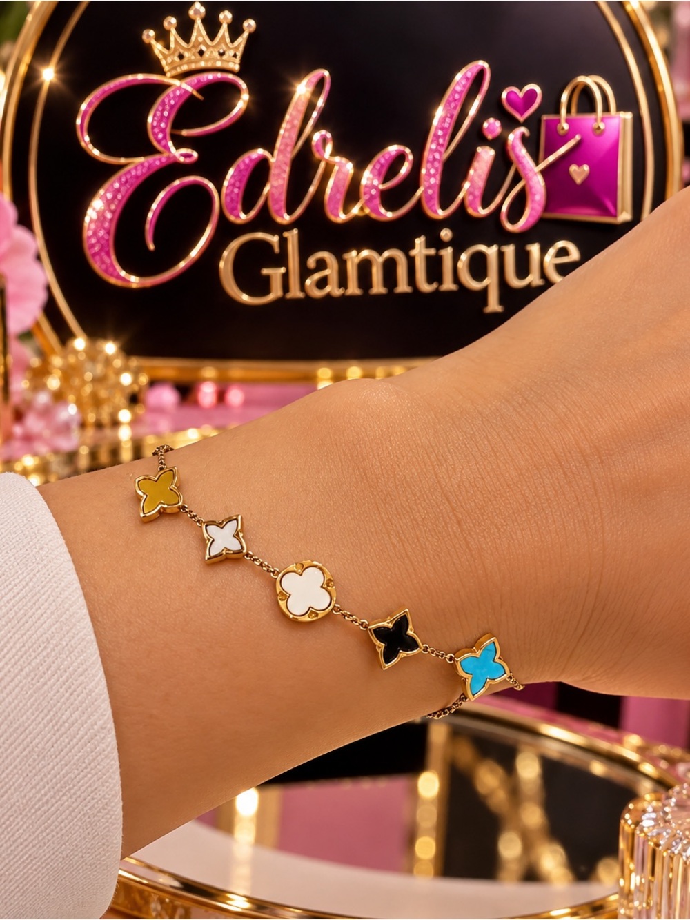 Multicolor Clover Link Bracelet - Gold